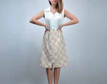 Button Up Dress, Vintage, Retro Beige White Minimalist Dress - Large L