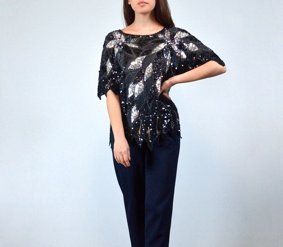 1980s Black and Silver Sequin Top, M | Vintage 80… - image 5