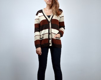 Retro 1970s Brown Striped Cardigan, S to M