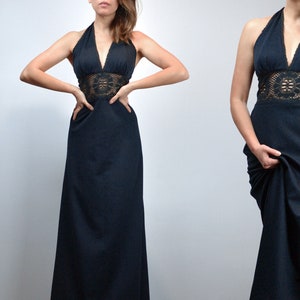 Long Black Halter Dress, XS | Vintage 70s Lace Cutout See Through Waist Boho Maxi, Extra Small