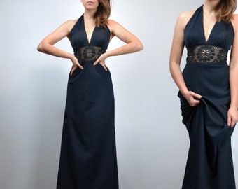 Vintage 70s Black Boho Halter Dress, Lace Waist Maxi, XS