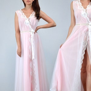 Vintage 70s Nightgown, M 1970s Lace Lingerie Dress, Long Pink Night Gown, Medium image 2