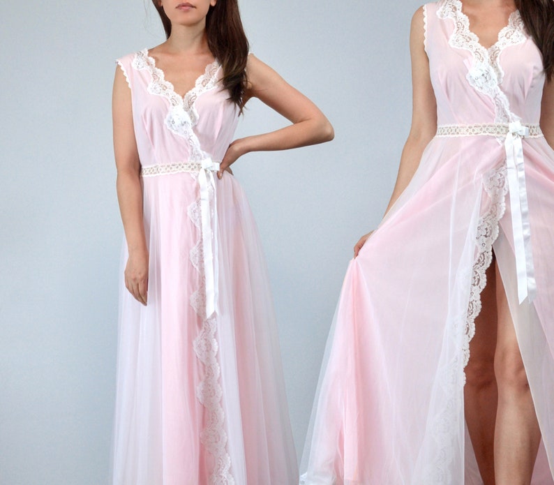 Vintage 70s Nightgown, M 1970s Lace Lingerie Dress, Long Pink Night Gown, Medium image 2