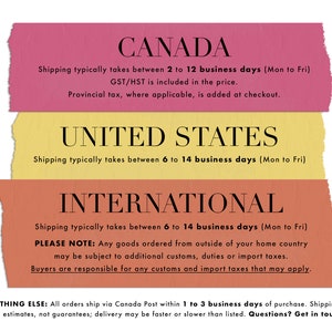 May include: A graphic with three colored blocks, each with text describing shipping times to Canada, the United States, and internationally. The text includes estimated shipping times in business days, and notes that goods ordered from outside of the home country may be subject to additional customs, duties, or import taxes.