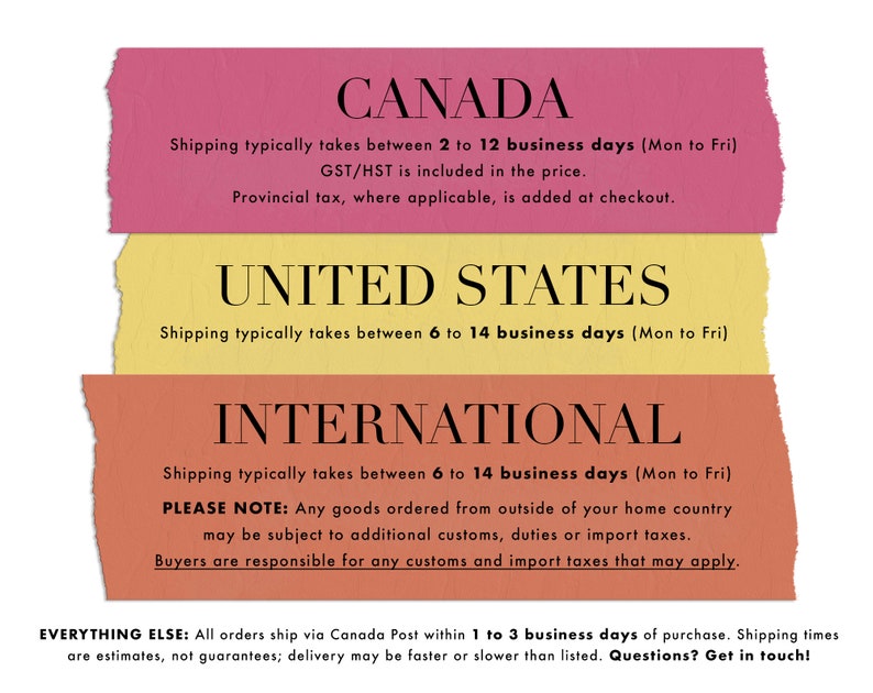 May include: A graphic with three colored blocks, each with text describing shipping times to Canada, the United States, and internationally. The text includes estimated shipping times in business days, and notes that goods ordered from outside of the home country may be subject to additional customs, duties, or import taxes.
