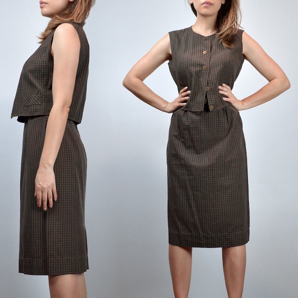 60s 2pc Plaid Set - Extra Small to Small | Vintage 1960s Top & Skirt Set, Button Up Blouse and Pencil Skirt, XS S