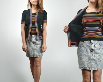 70s Retro Striped Black Knit Top, XS to S