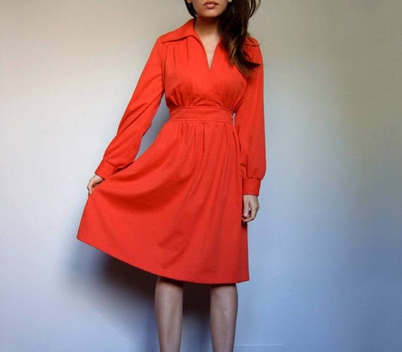 Vintage Red Dress, Womens Long Sleeve 70s Mod Dre… - image 1