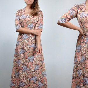 Vintage 70's Floral Dress, S to M | Long Bohemian Maxi