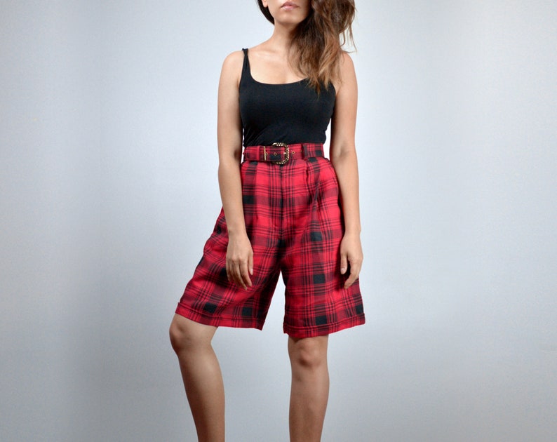 High Waisted Shorts, Vintage 80s Long Plaid Shorts for Women Extra Small XS image 3