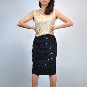 Black Sequin Pencil Skirt Extra Small Vintage 80s Sequins and Ruffles XS image 1