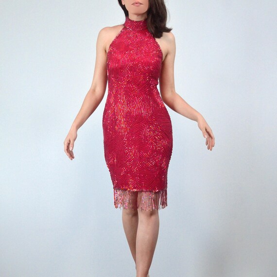 red beaded cocktail dress Long Beaded Formal Dress with Strappy Back Red / 6 main image 1