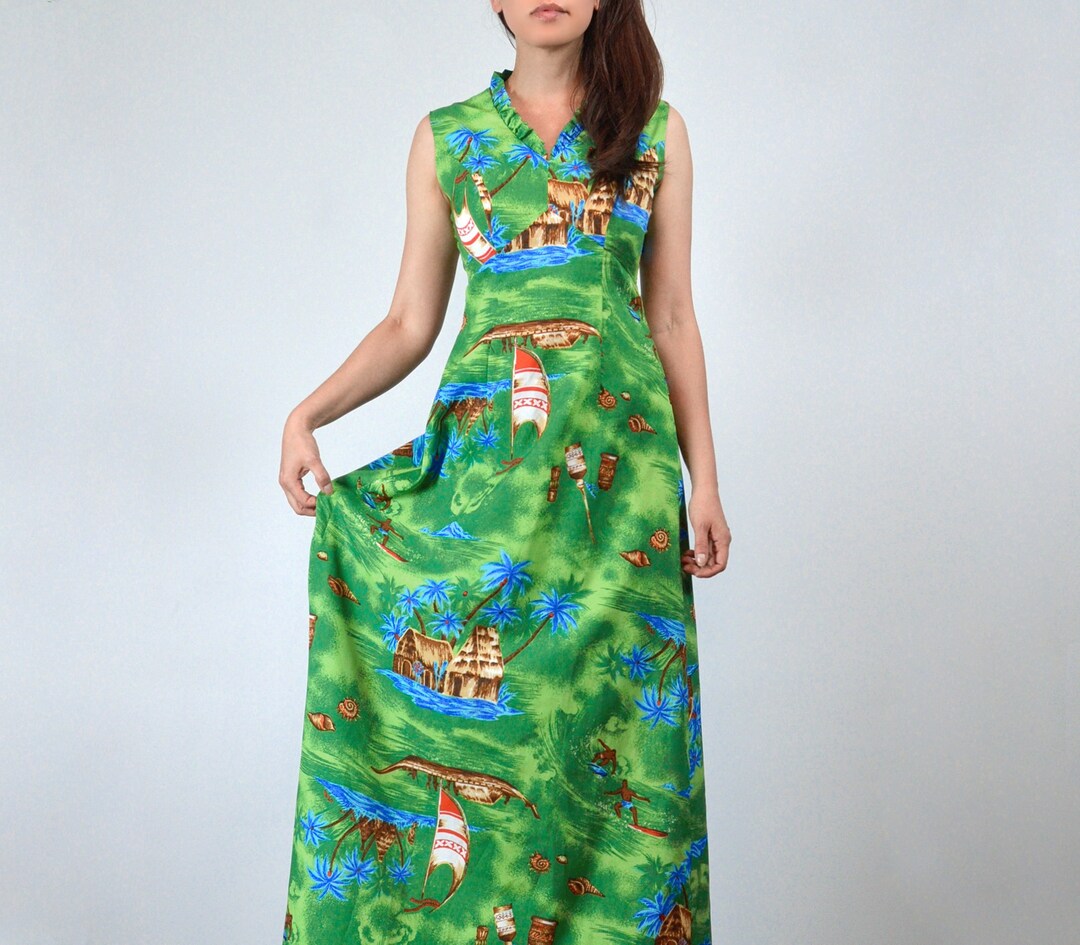 Vintage 70s Hawaiian Maxi Dress: Tropical Tiki Print, S-M - Etsy