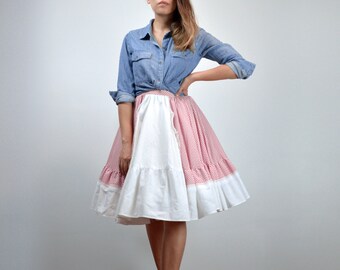 Vintage Checkered Circle Skirt: Red and White Ruffle, XS-M