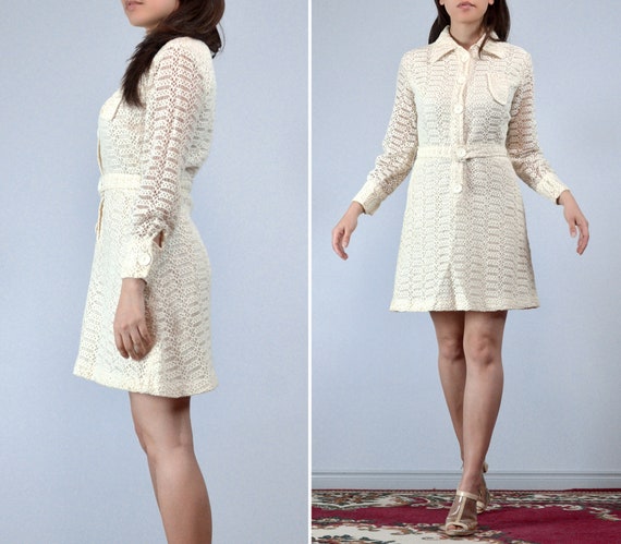 fitted lace wedding dress Vintage 1960s Bright Psychedelic Paisley Print Mini Dress with Bell Sl –  Tall Tale Vintage main image 1