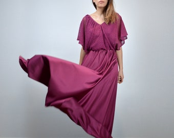 Vintage Maxi Dress, 70s Split Sleeve Floor Length Dress, Small S