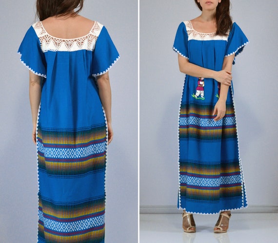 Blue Mexican Blanket Dress, Medium | Vintage 80s … - image 4