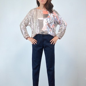 70s Sequin Top, M | Silver & Pink Sequined Silk Blouse