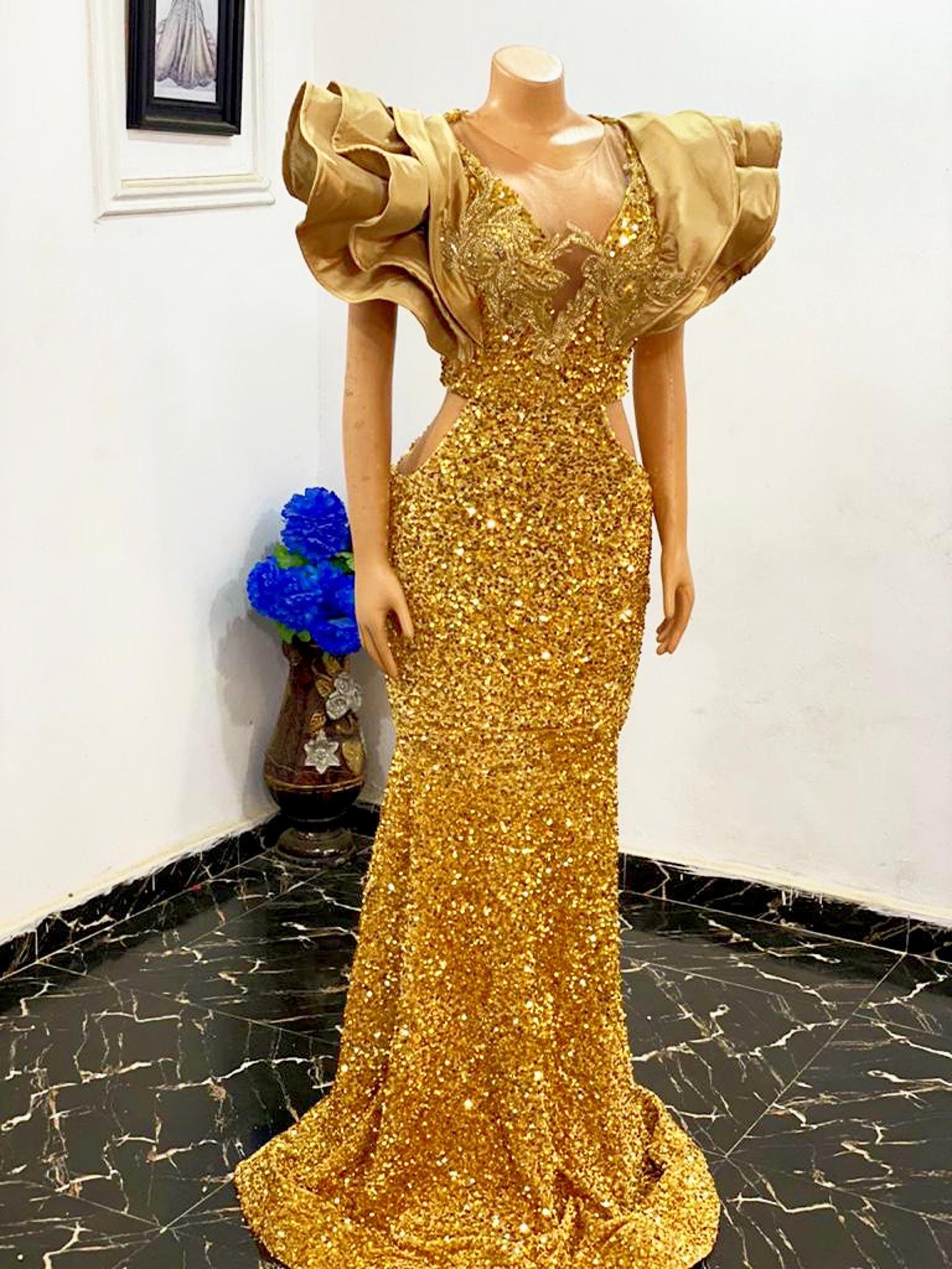 Gold Sequin Mermaid Dress: Satin Applique Party Gown - Etsy