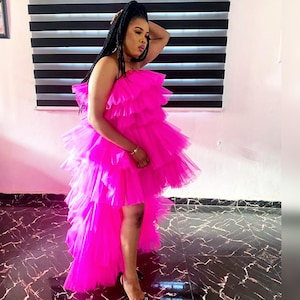 High low tulle dress, prom dress, photoshoot dress, women&#39;s party dress, pink birthday dress, pageant gown, bridal shower dress,full layers