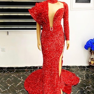 Sexy sequin dress, prom dress, wedding dress, birthday party dress, plus size women&#39;s dress, mermaid dress, high slit party dress, red gown