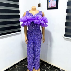 Elegant Purple Sequin Jumpsuit with Ruffled Tulle Sleeves, Glamorous Evening Wear, Sparkly Party Outfit, Formal Dress for Special Events