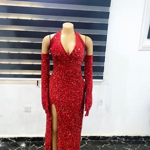 Prom dress with gloves, birthday party dress, plus size women&#39;s dress, A-line dress, red sequin dress, backless dress with slit, sexy dress