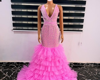 Vestido de tul con volantes y lentejuelas rosas: vestido de fiesta de graduación