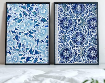 Blue Chinoiserie Floral Art Print Set: Vintage Botanical Triptych (Digital Download)