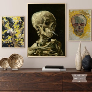 Vintage Skull Art Print Set, Van Gogh Inspired Skeleton Wall Art, Dark Academia Decor, Gothic Aesthetic Posters, Moody Gallery Wall Prints
