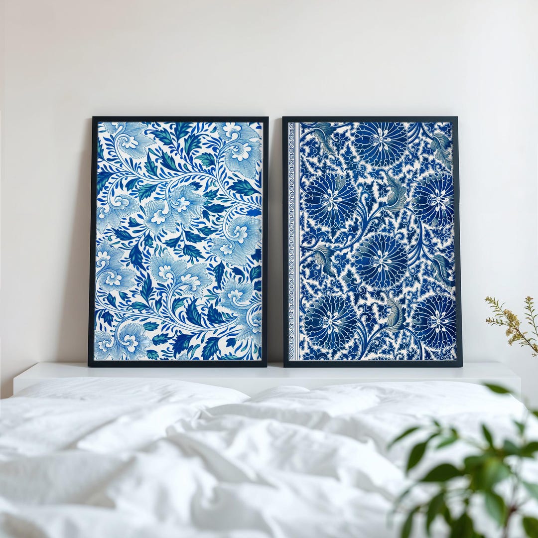 Blue Chinoiserie Floral Art Print Set: Vintage Botanical Triptych ...