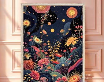 May include: A digital art print featuring a vibrant floral design with a dark blue background. The print features a variety of flowers in shades of pink, yellow, orange, and red, with a starry night sky effect. The print is framed in a light wood frame.