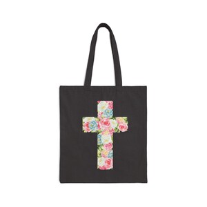Baumwollsegeltuch-Einkaufstasche mit Blumenkreuz, stilvolle umweltfreundliche Einkaufstasche, Geschenk für religiöse Anlässe, Kirche, glaubensbasierte Ereignisse, jeden Tag