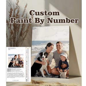 Peut inclure: Un kit de peinture par numéros personnalisé comprenant une toile avec le contour imprimé d'une famille et d'un chien sur une plage. Le kit inclut un guide des couleurs avec des pots de peinture numérotés et une image de référence finale.