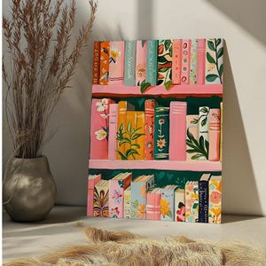 May include: A painting of a bookshelf filled with colorful books. The books have floral patterns and are arranged in rows on pink shelves. The background is a dark green color.