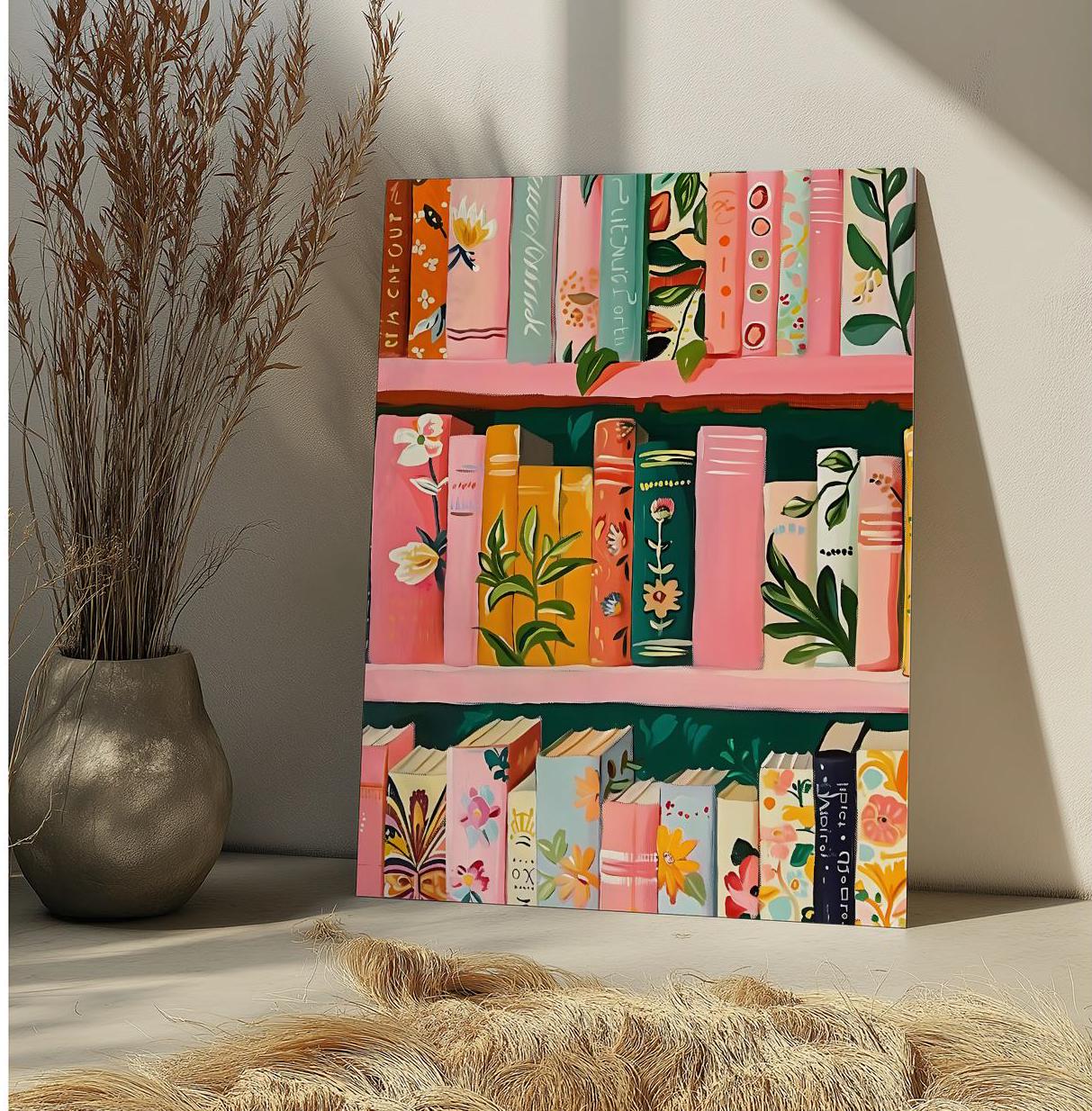 Stack of Books Paint By Number Kit Floral Bow Book DIY Paint by Numbers Adult,Bookshelf Bookworm Wall Art,Book Lover Gift,Pink Bookish Decor