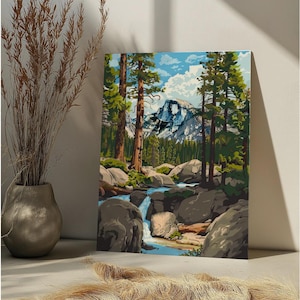 Vintage Mountain Forest Paint By Number Kit River Stream Landscape Vintage Nature DIY Paint by Numbers Adult,National Park Scene Art