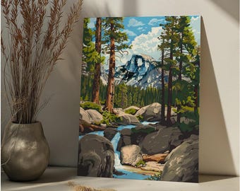 Vintage Mountain Forest Paint By Number Kit River Stream Landscape Vintage Nature DIY Paint by Numbers Adult,National Park Scene Art
