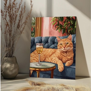 Ginger Cat with Martini Paint By Number Kit Orange Cat DIY Paint by Numbers For Adult,Paint Number Whimsical Cat Cocktail Art Bar Cart Art