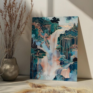 Japanse waterval verf op nummer kit roze groen landschap DIY verf op nummer voor volwassenen, waterval verf op nummer Japanse muurkunst