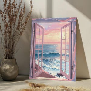 Könnte beinhalten: Ein Gemälde, das ein offenes Fenster mit Blick auf eine Meereslandschaft zeigt. Der Himmel ist in sanftem Rosa und Orange gehalten, das Meer ist tiefblau. Die Wellen schlagen an das Ufer, und ein paar Vögel fliegen am Himmel.