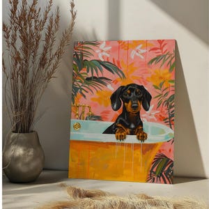 May include: A black and brown dachshund dog sits in a yellow bathtub with a blue interior. The dog is looking at the viewer. The bathtub is surrounded by tropical plants and flowers on a pink background.