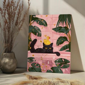 May include: A black cat with a yellow rubber ducky on its head sits in a pink bathtub with green plants and water. The cat is looking at the viewer.