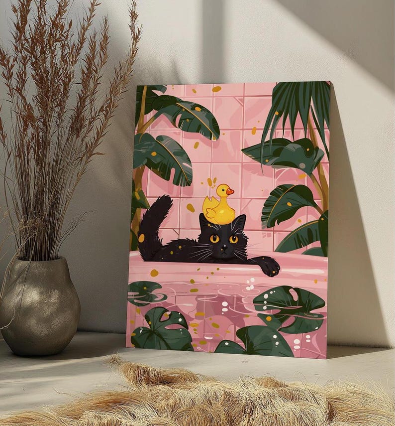 May include: A black cat with a yellow rubber ducky on its head sits in a pink bathtub with green plants and water. The cat is looking at the viewer.