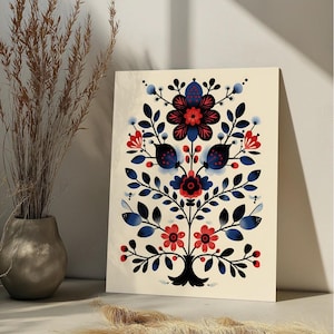 Puede incluir: Una ilustración digital de un diseño floral estilizado con flores rojas, azules y negras sobre un fondo blanco.