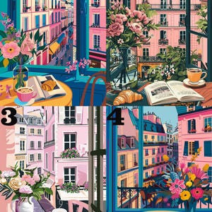 Peut inclure: Quatre illustrations diff&eacute;rentes de sc&egrave;nes de rue parisiennes vues depuis une fen&ecirc;tre. Chaque sc&egrave;ne pr&eacute;sente une table avec un livre, un croissant et une tasse de caf&eacute; ou de th&eacute;. Les sc&egrave;nes sont d&eacute;cor&eacute;es de fleurs dans un vase.