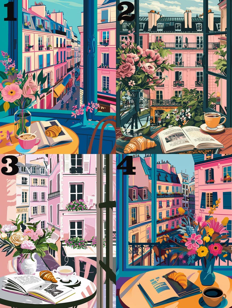 Peut inclure: Quatre illustrations diff&eacute;rentes de sc&egrave;nes de rue parisiennes vues depuis une fen&ecirc;tre. Chaque sc&egrave;ne pr&eacute;sente une table avec un livre, un croissant et une tasse de caf&eacute; ou de th&eacute;. Les sc&egrave;nes sont d&eacute;cor&eacute;es de fleurs dans un vase.