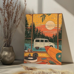 Summer Camping Paint By Number Kit Camper Van Skateboard DIY Paint by Numbers For Adult,Sunset Still Life Paint by Number Camping Lover Gift