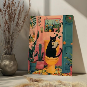 トイレの黒猫 数字で描く塗り絵キット 猫のうんち DIY 大人用 面白いバスルームウォールアート 猫好きへのギフト ピンクのトロピカルアート