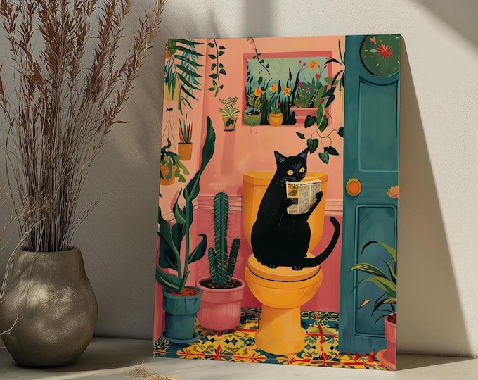 Black Cat On Toilet Paint By Number Kit Cat Pooping DIY Paint by Numbers Adult,Funny Bathroom Wall Art,Cat Lover Gift,Pink Tropical Art